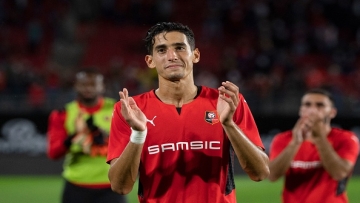Rennes' Moroccan defender Nayef Aguerd celebrates after victory in the Conference Europa league football match between Rennes and Rosenborg at the Rohazon Park Stadium in Rennes, western France, on August 19, 2021. (Photo by LOIC VENANCE / AFP) (Photo by LOIC VENANCE/AFP via Getty Images)