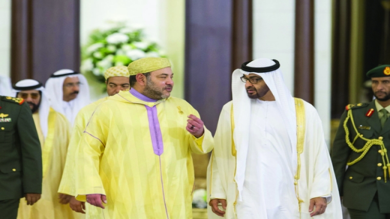 ABU DHABI, UNITED ARAB EMIRATES - May 04, 2015: HH Sheikh Mohamed bin Zayed Al Nahyan Crown Prince of Abu Dhabi and Deputy Supreme Commander of the UAE Armed Forces (centre R) receives HM King Mohammed VI of Morocco (centre L) at Mushrif Palace. ( Ryan Carter / Crown Prince Court - Abu Dhabi ) ---