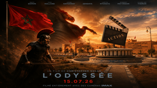 ملصق فيلم "أوديسا" للمخرج البريطاني الأمريكي كريستوفر نولان مع صورة لمدينة ورزازات عاصمة الصناعة السنمائية بالمغرب (ذكاء صناعي)
