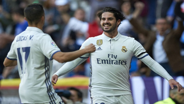 MADRID, SPAIN - APRIL 02: Isco (R) of Real Madrid celebrates with Lucas Vazquez of Real Madrid after scoring a goal during the La Liga match between Real Madrid and Deportivo Alaves at Estadio Santiago Bernabeu on April 2, 2017 in Madrid, Spain. (Photo by fotopress/Getty Images)