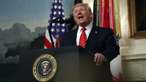 President Donald Trump speaks in the Diplomatic Room of the White House in Washington, Sunday, Oct. 27, 2019. (AP Photo/Andrew Harnik)