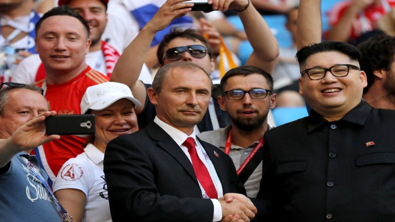 SAMARA, RUSSIA - JUNE 25: Kim Jong-un and Valdimir Putin's lookalikes are seen prior to the 2018 FIFA World Cup Russia group A match between Uruguay and Russia at Samara Arena on June 25, 2018 in Samara, Russia. (Photo by Maddie Meyer/Getty Images)