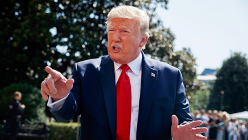 Mandatory Credit: Photo by Evan Vucci/AP/Shutterstock (10358411u) President Donald Trump talks to reporters on the South Lawn of the White House, in Washington, as he prepares to leave Washington for his annual August holiday at his New Jersey golf club Trump, Washington, USA - 09 Aug 2019