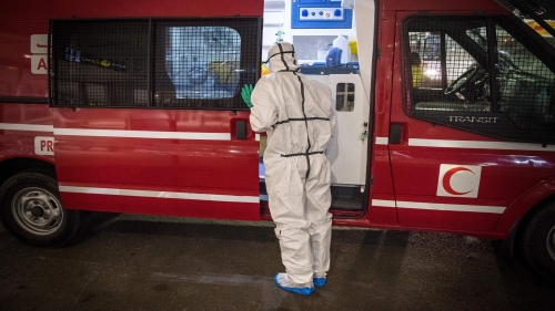 Moroccan health workers are pictured at Casablanca Mohammed V International Airport on March 3, 2020 during measures against the coronavirus COVID-19. (Photo by FADEL SENNA / AFP) (Photo by FADEL SENNA/AFP via Getty Images)