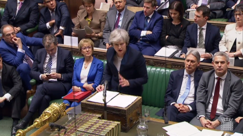 A video grab from footage broadcast by the UK Parliament's Parliamentary Recording Unit (PRU) shows Britain's Prime Minister Theresa May as she speaks in the House of Commons in London on January 15, 2019, before MPs vote on the government's Brexit deal. Parliament is to finally vote today on whether to support or vote against the agreement struck between Prime Minister Theresa May's government and the European Union. - RESTRICTED TO EDITORIAL USE - MANDATORY CREDIT " AFP PHOTO / PRU " - NO USE FOR ENTERTAINMENT, SATIRICAL, MARKETING OR ADVERTISING CAMPAIGNS / AFP / PRU / HO / RESTRICTED TO EDITORIAL USE - MANDATORY CREDIT " AFP PHOTO / PRU " - NO USE FOR ENTERTAINMENT, SATIRICAL, MARKETING OR ADVERTISING CAMPAIGNS